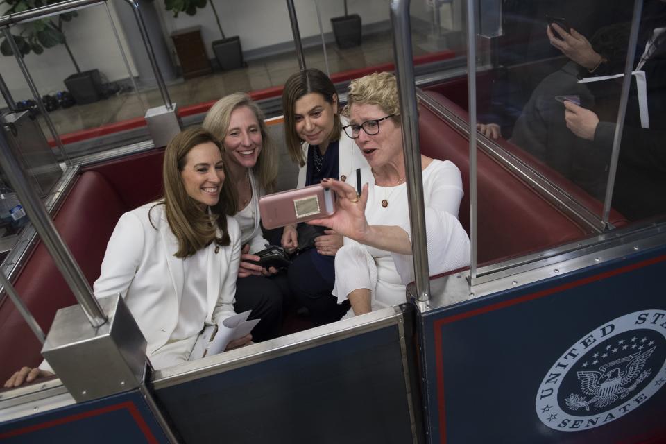 Reps. Mikie Sherrill (D-N.J.), Abigail Spanberger (D-Va.), Elissa Slotkin (D-Mich.), and Chrissy Houlahan (D-Pa.) en route to the State of the Union address in 2019