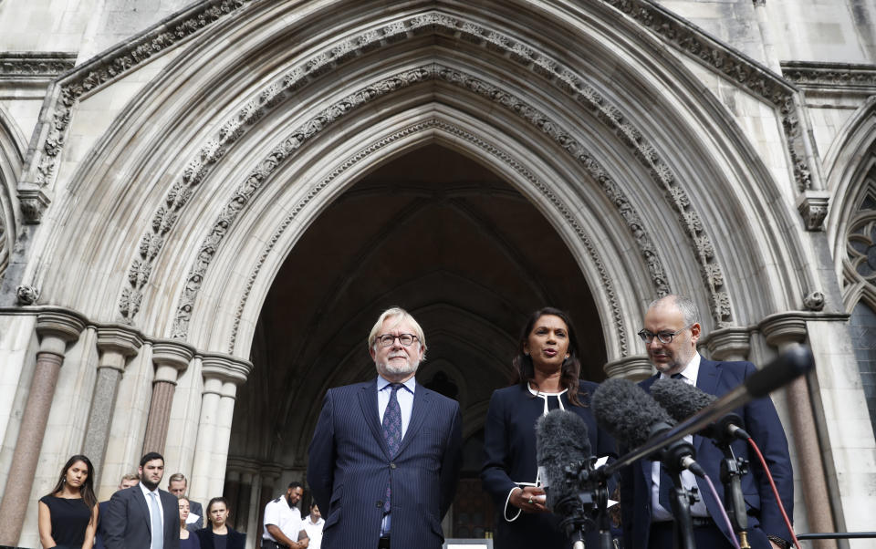 Anti Brexit campaigner Gina Miller speaks to the media outside the High Court in London, Friday, Sept. 6, 2019. The High Court has rejected a claim that Prime Minister Boris Johnson is acting unlawfully in suspending Parliament for several weeks ahead of the country’s scheduled departure from the European Union. (AP Photo/Alastair Grant)