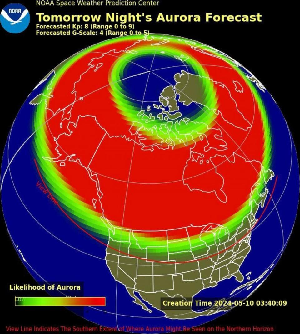 PHOTO: This map from the NOAA Space Weather Prediction Center shows the aurora forecast for May, 11, 2024.<p>(NOAA)