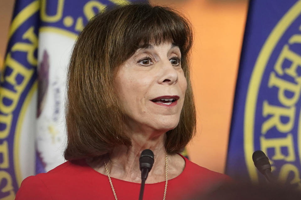 FILE - U.S. Rep. Kathy Manning, D-N.C., speaks during a news conference at the Capitol, July 19, 2022, in Washington. North Carolina Republicans pitched on Wednesday, Oct. 18, 2023, new maps for the state's congressional districts starting in 2024 that appear to threaten the reelection of at least three current Democratic U.S. House members. (AP Photo/Mariam Zuhaib, File)