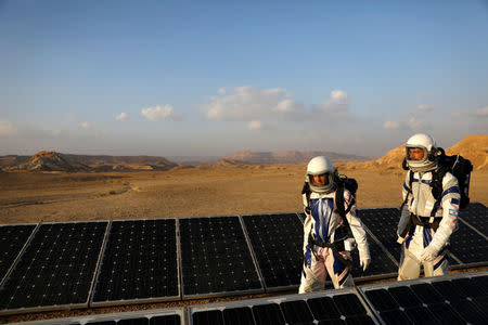 Israeli scientists participate in an experiment simulating a mission to Mars, at the D-MARS Desert Mars Analog Ramon Station project of Israel's Space Agency, Ministry of Science, near Mitzpe Ramon, Israel, February 18, 2018. REUTERS/Ronen Zvulun