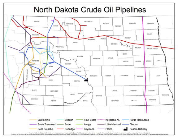 A 2013 map shows Belle Fourche (dark yellow) and other crude oil pipelines in North Dakota.
