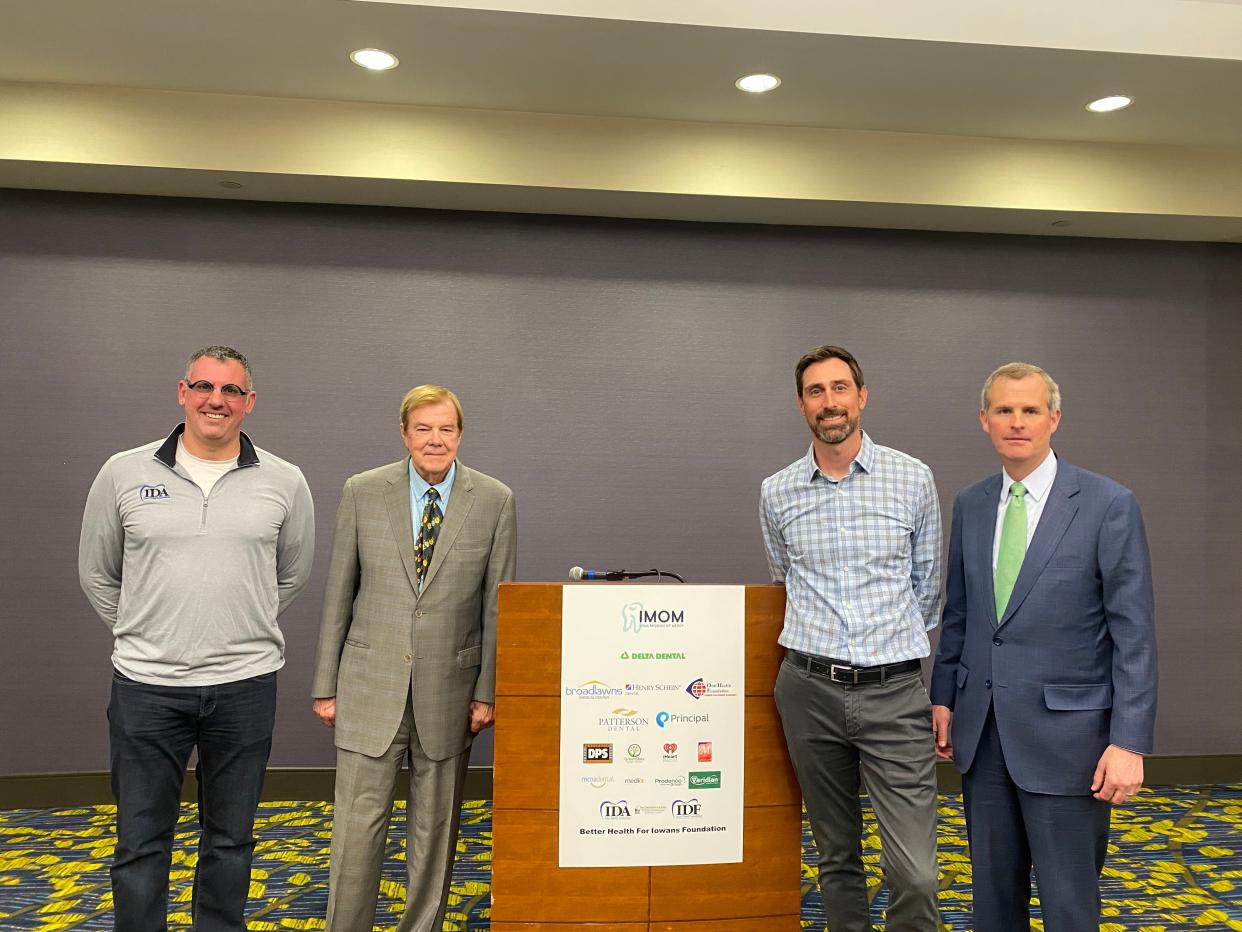 During a press conference on April 27, 2022, the Iowa Mission of Mercy announced an upcoming free dental clinic in Des Moines, which will be hosted Nov. 4 and Nov. 5. 

Pictured left to right: Zach Kouri of IMOM, Polk County Supervisor Robert Brownell, Kevin Baker of IMOM, and Jeff Russell of Delta Dental of Iowa.