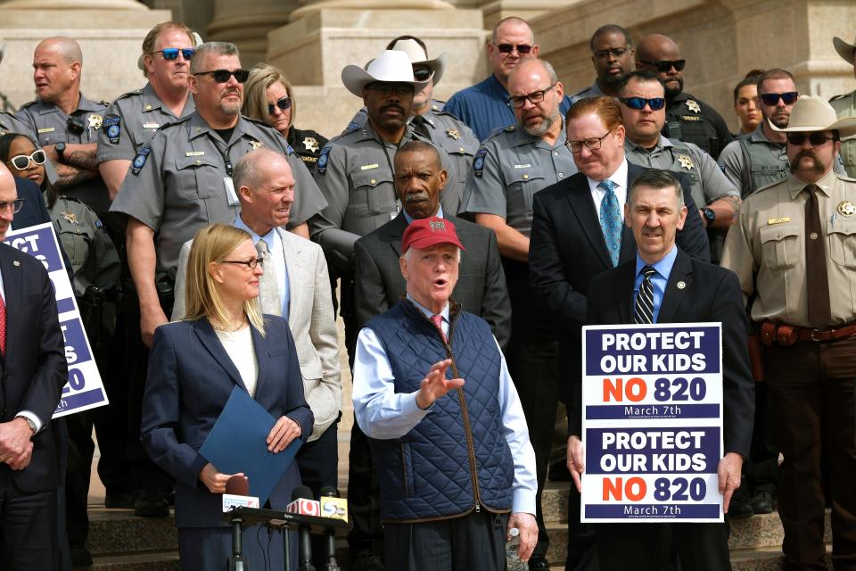 Former Gov. Frank Keating speaks at a No 820 rally on the south plaza of the Oklahoma Capitol on Monday, the day before voters will decide whether to legalize recreational marijuana sales with State Question 820.