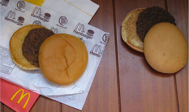 A McDonald's hamburger (left) from 1996 and another McDonald's hamburger (right) from 2008 reasonably resemble a hamburger you'd buy today. Photo: Karen Hanrahan, Best of Mother Earth.