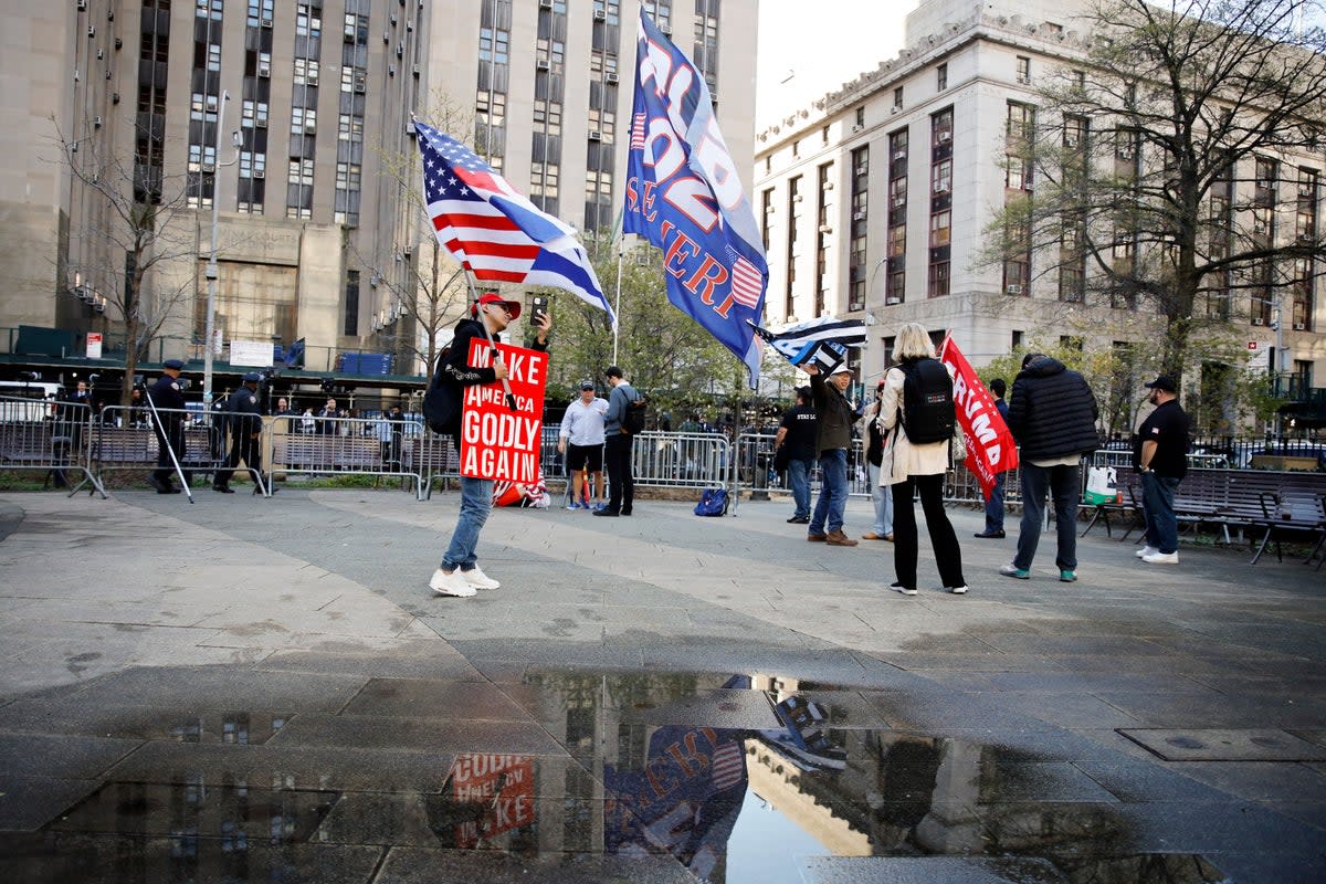 Supporters of former President Donald Trump demonstrate outside Manhattan criminal court, Monday, April 15, 2024, in New York. (AP)