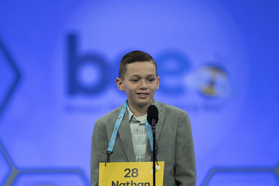 Nathan Settevendemie, 11, from Somers, Conn., competes during the Scripps National Spelling Bee, Tuesday, May 30, 2023, in Oxon Hill, Md. (AP Photo/Nathan Howard)