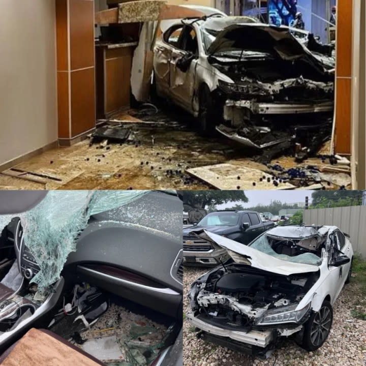 Aftermath of Feb. 13 crash at St. David’s North Austin Medical Center (Courtesy Diane Warmoth); white Acura months later in a tow yard, including passenger footwell where Sunny was found (Courtesy Howry, Breen & Herman)