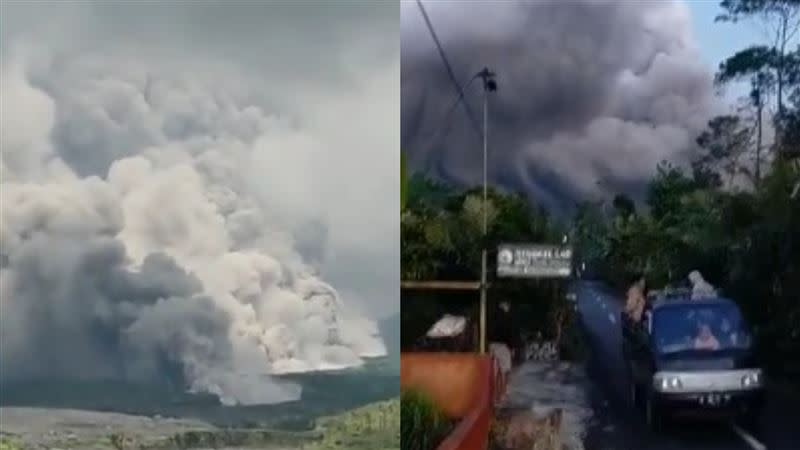 印尼塞梅魯火山無預警發生大規模噴發，當地居民驚慌駕車逃離。（圖／翻攝自推特）