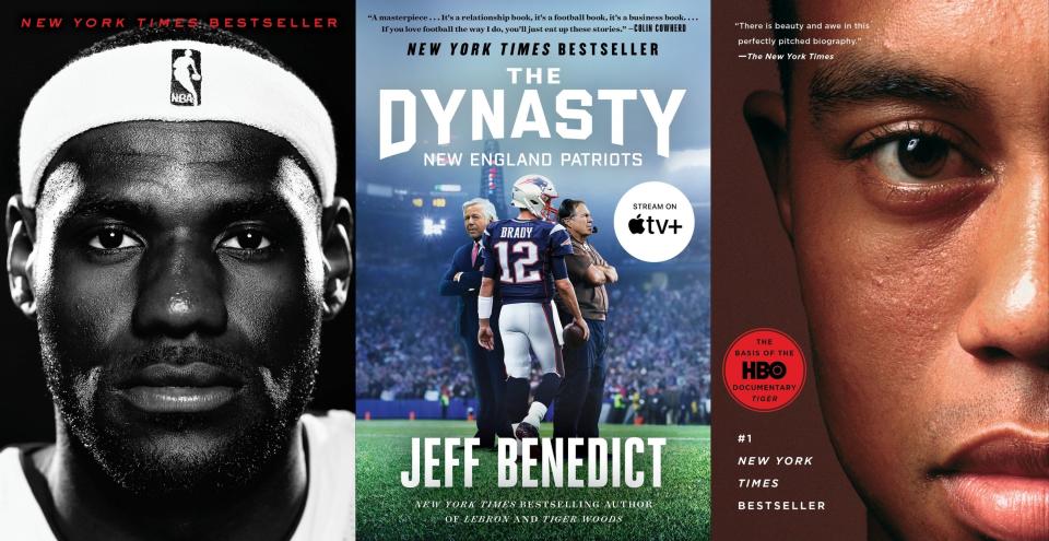 Jeff Benedict’s book “The Dynasty,” a look at the New England Patriots, is pictured between Benedict’s books on LeBron James and Tiger Woods. | Jeff Benedict