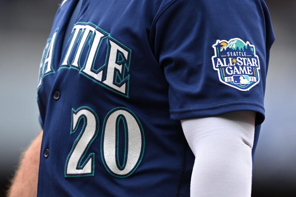 A detailed view of the 2023 Seattle All-Star Game patch on the uniform of a Mariners player.