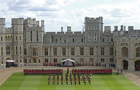 The President of Ireland Michael D. Higgins inspects the guard of honour at Windsor Castle in Windsor, southern England April 8, 2014. REUTERS/Steve Parsons/pool