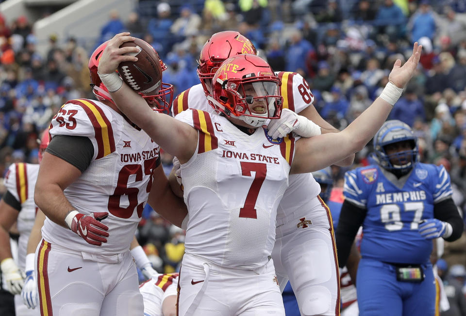 Iowa State quarterback Joel Lanning (7) celebrates after scoring a touchdown against Memphis in the first half of the Liberty Bowl NCAA college football game Saturday, Dec. 30, 2017, in Memphis, Tenn. (AP Photo/Mark Humphrey)