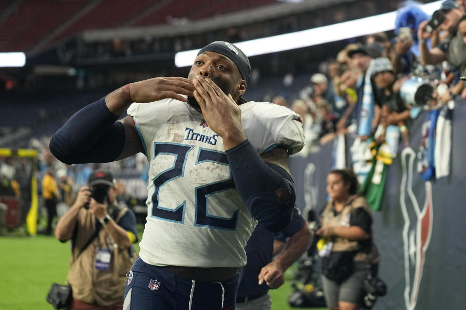 Tennessee Titans running back Derrick Henry blows kisses to the fans after the Titans beat the Houston Texans in an NFL football game Sunday, Oct. 30, 2022, in Houston. (AP Photo/Eric Gay)