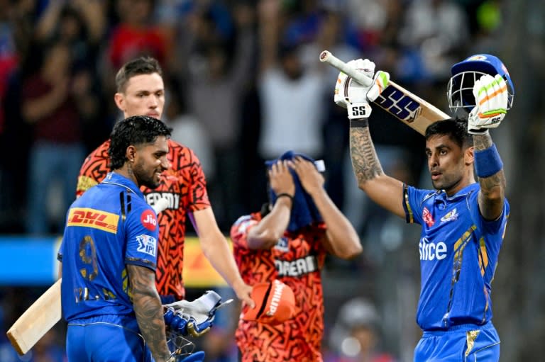 Suryakumar Yadav celebrates his century for Mumbai Indians (Punit PARANJPE)