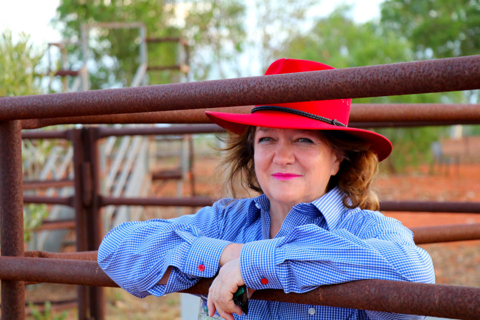 Gina Rinehart leans on a fence in this undated photo obtained on January 23, 2018.