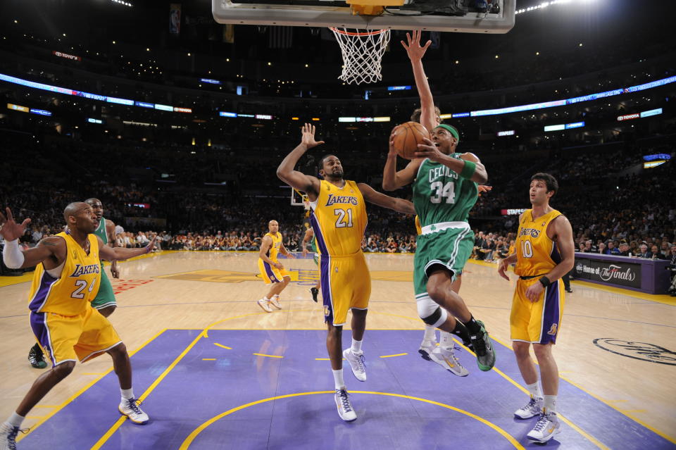 Boston Celtics' Paul Pierce shoots a layup in the first half of Game 3 of the NBA basketball finals Tuesday, June 10, 2008, in Los Angeles. (AP Photo/Mark J. Terrill)