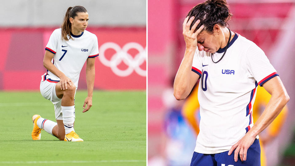 Pictured here, an American players kneels before a match and heartbreak after the team's loss to Canada.