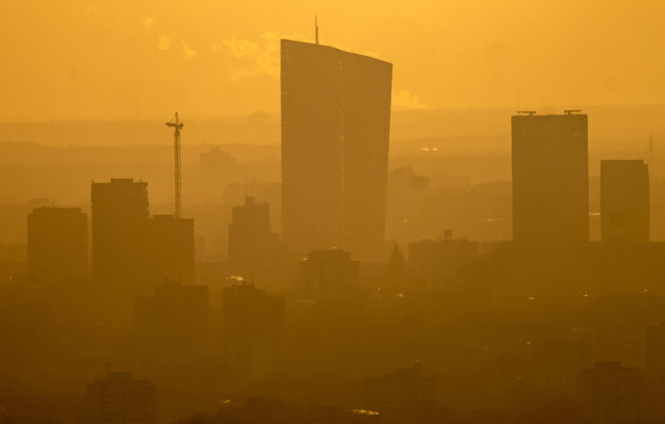 The European Central Bank, center, is pictured during sunrise in Frankfurt, Germany, Wednesday, Feb. 1, 2023. The ECB will have the meeting of the governing council on Thursday. (AP Photo/Michael Probst)