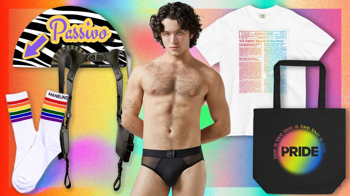 Gear up for Pride 2024 with The Pride Store’s must-have Pride Parade & Pride March essentials; Diane & Geordi Pride Underwear The Tulle Shirtless Male Model, Manbuns Rainbow Stripe Crew Socks; Gay Rave and Circuit Almanac Passivo Hand Fan, Woody New York Adjustable Leather Harness Suspender with Pockets, The Advocate's Inaugural Issue Unisex Garment-dyed Heavyweight T-shirt in Rainbow, & PRIDE Love is Love Eco Tote Bag