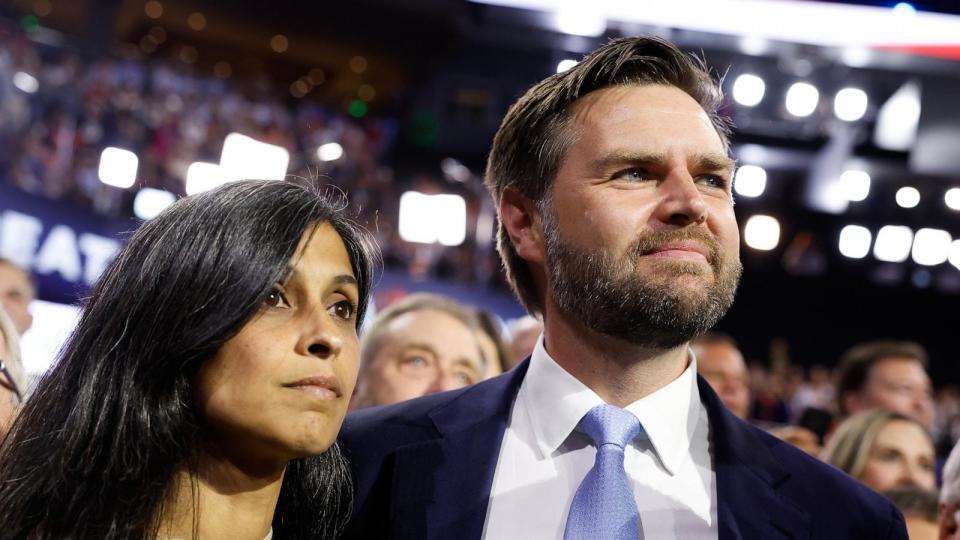PHOTO: Sen. J.D. Vance and his wife Usha Chilukuri Vance look on as he is nominated for the office of Vice President on the first day of the Republican National Convention at the Fiserv Forum, on July 15, 2024, in Milwaukee, Wisconsin. (Anna Moneymaker/Getty Images)