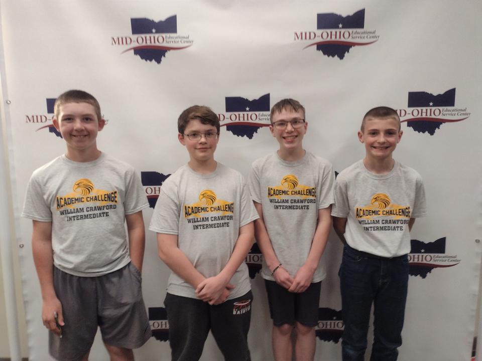 Colonel Crawford Team A made up of, left to right, Grady Riggle, Seamus Comerford, Kyle Smith and Isaac Stirm was the Academic Challenge sixth grade runner-up.