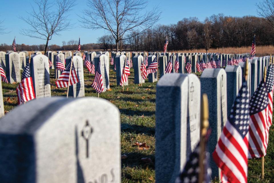 Flags decorate graves at the Iowa Veterans Cemetery for Veterans Day.