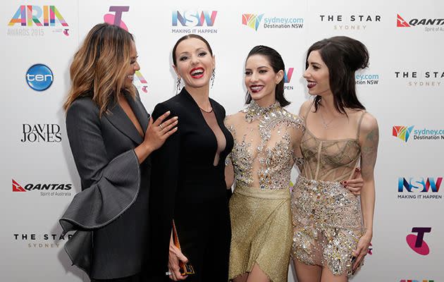 The Veronicas, Jessica Mayboy Tina Arena performs at the ARIAs. Photo: Getty.