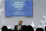 Microsoft's CEO Satya Nadella addresses the audience of a session at the annual meeting of the the World Economic Forum in Davos, Switzerland, Thursday, Jan. 24, 2019. (AP Photo/Markus Schreiber)