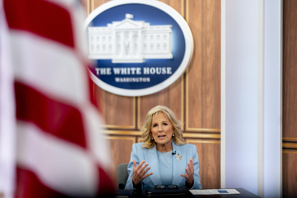 First lady Jill Biden speaks during a virtual writing seminar for gold star children and siblings hosted by The War Horse as part of her "Joining Forces" initiative, in the South Court Auditorium in the Eisenhower Executive Office Building on the White House Campus, Tuesday, May 9, 2023, in Washington. (AP Photo/Andrew Harnik)