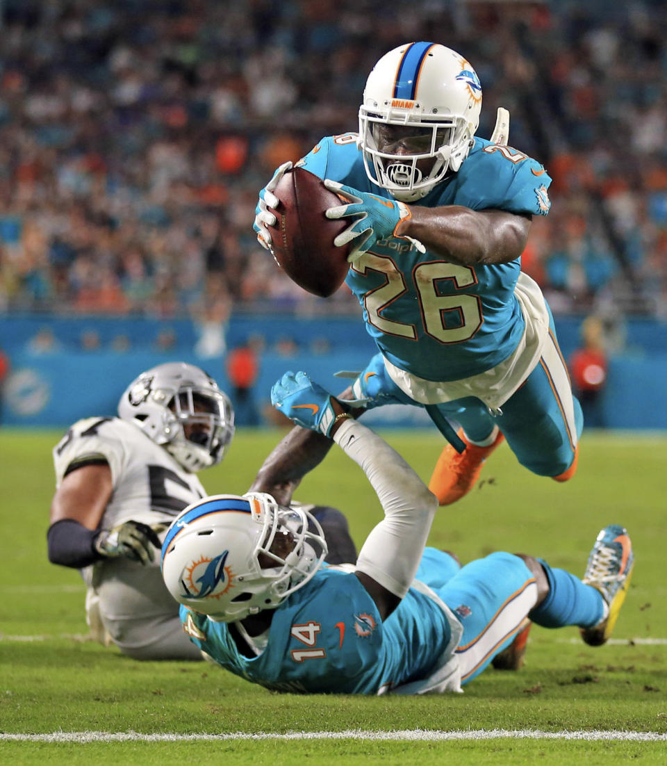 <p>Miami Dolphins running back Damien Williams (26) scores in the second quarter as the Miami Dolphins host the Oakland Raiders at Hard Rock Stadium on Sunday, November 5, 2017. </p>