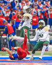 <p>Cornerback Verkedric Vaughns #27 of the Baylor Bears attemptes to intercept the ball against the Kansas Jayhawks during the first half at Memorial Stadium on November 4, 2017 in Lawrence, Kansas. (Photo by Brian Davidson/Getty Images) </p>