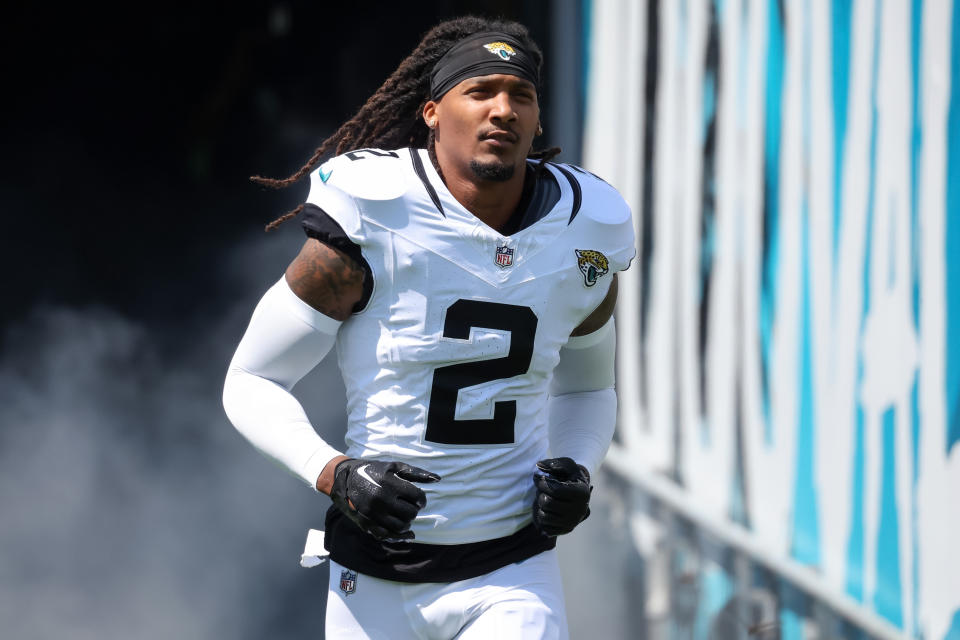 JACKSONVILLE, FLORIDA - SEPTEMBER 24: Rayshawn Jenkins #2 of the Jacksonville Jaguars takes the field prior to the game against the Houston Texans at EverBank Field on September 24, 2023 in Jacksonville, Florida. (Photo by Mike Carlson/Getty Images)