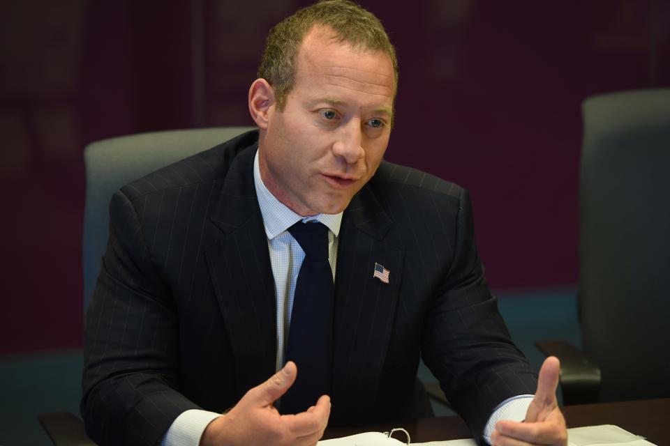 Photo of Josh Gottheimer, Democrat, 5th Congressional District, is being photographed during the Edit board meeting at the Record's office in Woodland Park on 10/15/18. 