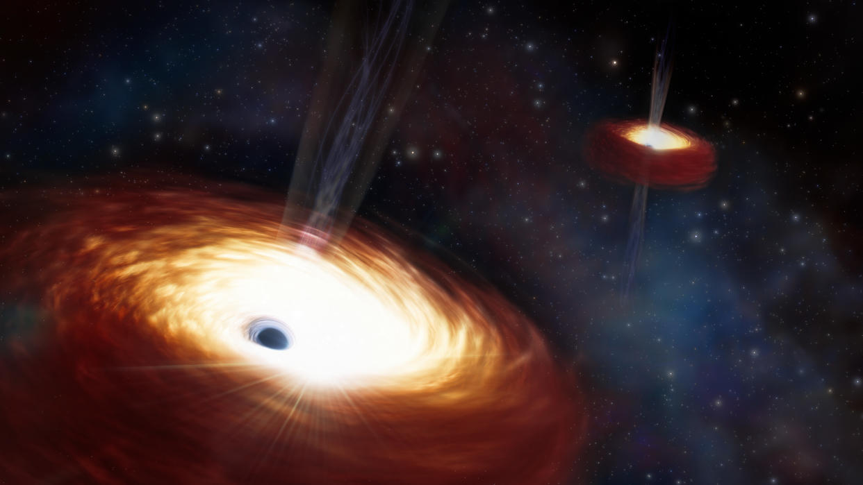  An illustration shows two supermassive black holes locked by their size and prevented from merging. 