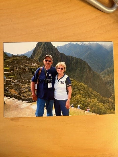 A photo of Jim Popp (left) and Florence Popp (right) on their trip to Machu Picchu, Peru.