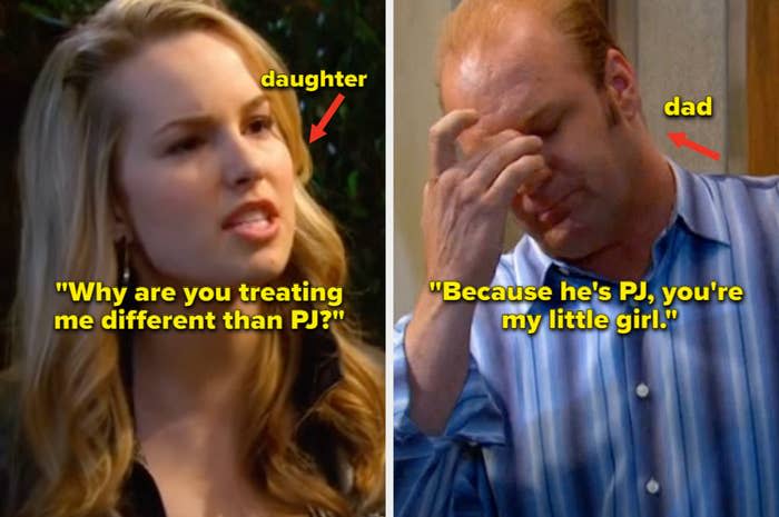 On the left is Teddy from "Good luck Charlie" with the caption "Why are you treating me different than PJ?" and on the right is Bob from "Good Luck Charlie" with the caption "Because he's PJ, you're my little girl."