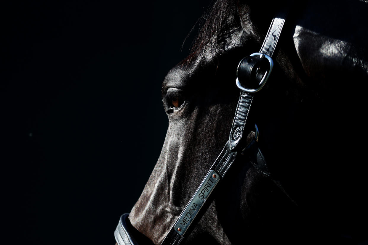 Kentucky Derby winner Medina Spirit is bathed following a training session for the upcoming Preakness Stakes at Pimlico Race Course on May 11, 2021, in Baltimore. (Rob Carr / Getty Images file)