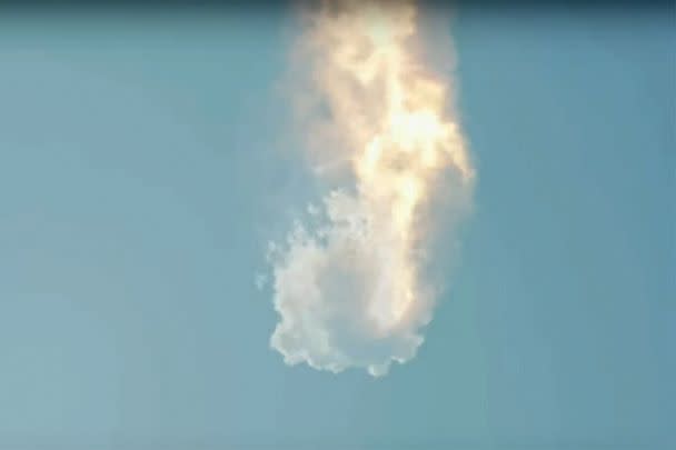 PHOTO: SpaceX's next-generation Starship spacecraft atop its powerful Super Heavy rocket self-destructs after its launch from the company's Boca Chica launchpad on a brief test flight near Brownsville, Texas, April 20, 2023 in a still image from video. (SpaceX via Reuters)