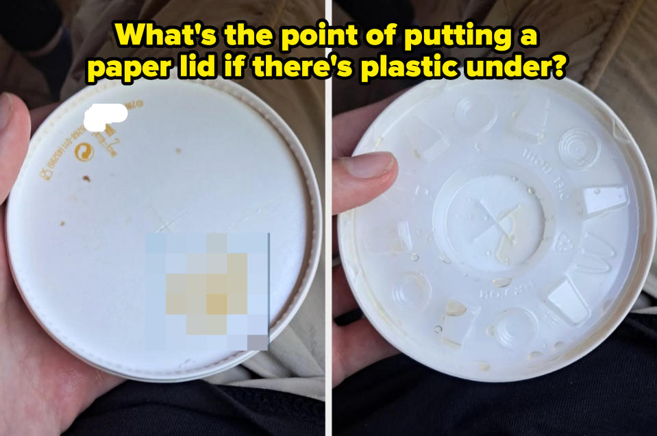 Two close-up photos of a McDonald's cup lid, inspected for differences in design and functionality