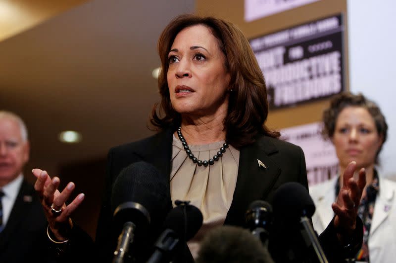 U.S. Vice President Kamala Harris visits a clinic that performs abortions, in St. Paul