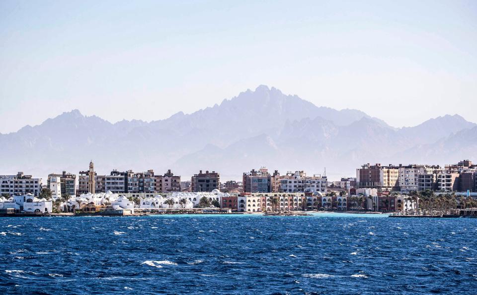 This picture taken on June 19, 2020 from a ferry shows a view of touristic resorts and bazaars in Egypt's southern Red Sea city of Hurghada