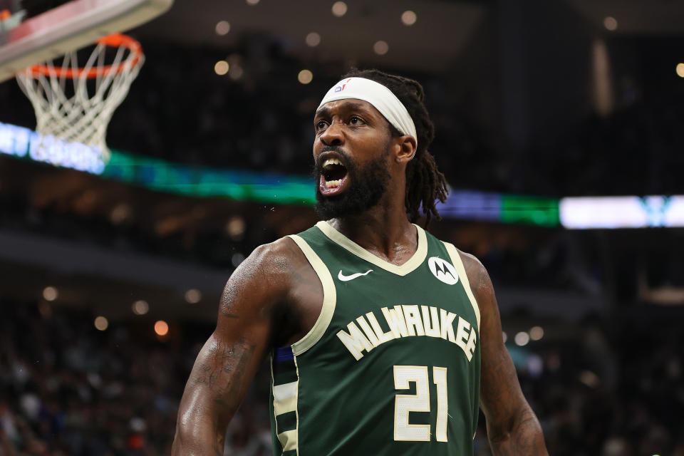 MILWAUKEE, WISCONSIN - APRIL 30: Patrick Beverley #21 of the Milwaukee Bucks reacts to a score during the second half of game five of the Eastern Conference First Round Playoffs against the Indiana Pacers at the Fiserv Forum on April 30, 2024 in Milwaukee, Wisconsin.  NOTE TO USER: User expressly acknowledges and agrees that by downloading and/or using this photo, user agrees to the terms and conditions of the Getty Images License Agreement.  (Photo by Stacy Revere/Getty Images)