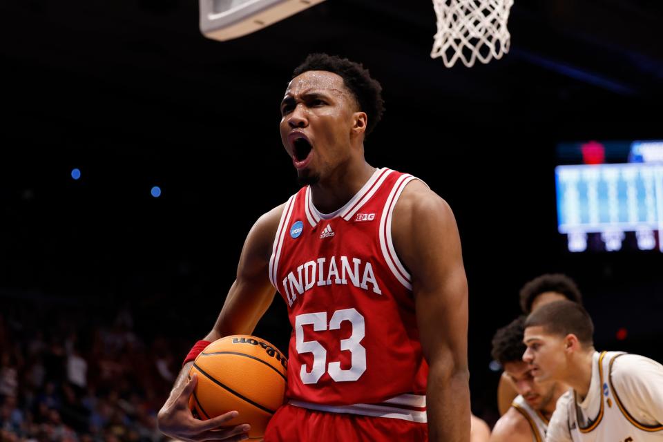 First Four: Indiana's Tamar Bates reacts to a play in the first half against Wyoming at UD Arena in Dayton. Indiana won the game, 66-58.