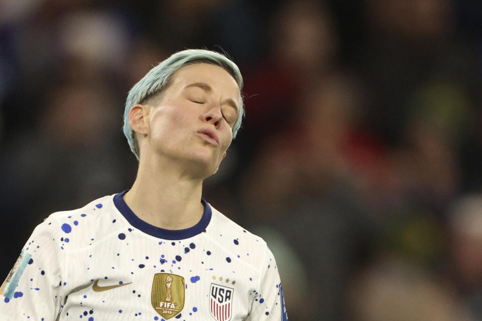United States' Megan Rapinoe reacts after missing to score during a penalty shootout at the Women's World Cup round of 16 soccer match between Sweden and the United States in Melbourne, Australia, Sunday, Aug. 6, 2023. (AP Photo/Hamish Blair)