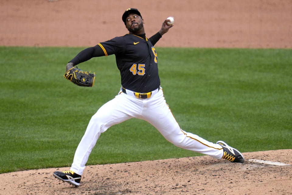 Pittsburgh Pirates relief pitcher Aroldis Chapman delivers during the eighth inning of the team's baseball game against the Boston Red Sox in Pittsburgh, Sunday, April 21, 2024. (AP Photo/Gene J. Puskar)