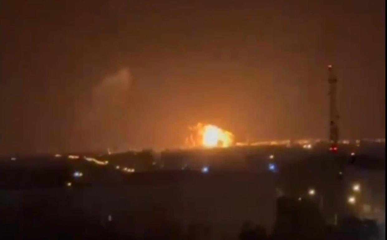 Flames rise from one of the targeted Russian refineries