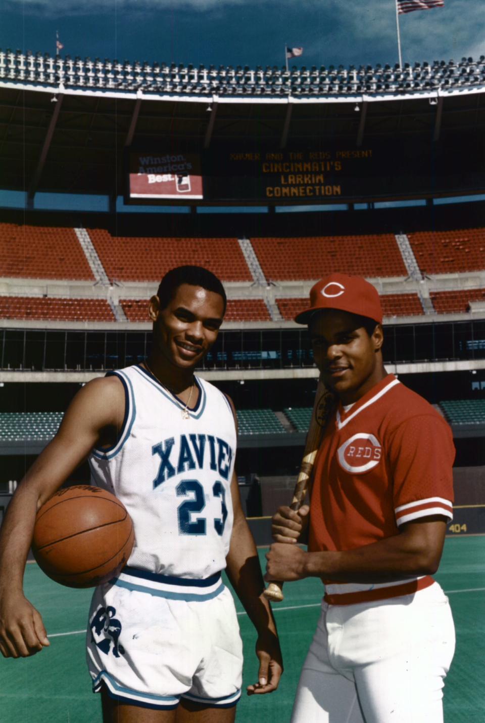 1987: Xavier's Byron and Red's Barry Larkin. From the Enquirer archives