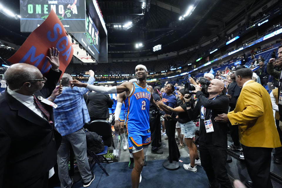 Oklahoma City Thunder guard Shai Gilgeous-Alexander (2) celebrates as he walks off the court after defeating the New Orleans Pelicans in Game 4 of an NBA basketball first-round playoff series in New Orleans, Monday, April 29, 2024. The Thunder won 97-89 to sweep the series and advance to the second round. (AP Photo/Gerald Herbert)