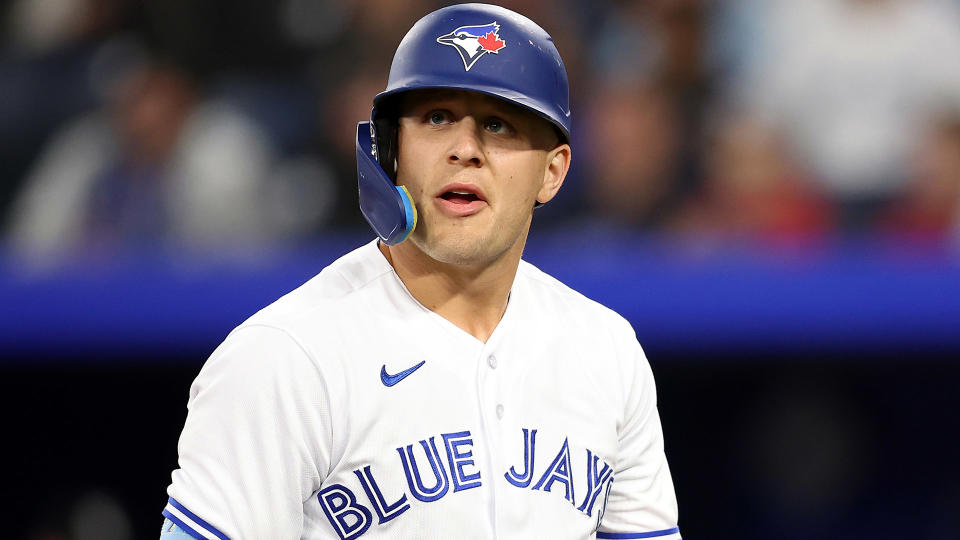 Blue Jays outfielder Daulton Varsho is in the midst of one of the worst slumps of his career. (Photo by Vaughn Ridley/Getty Images)